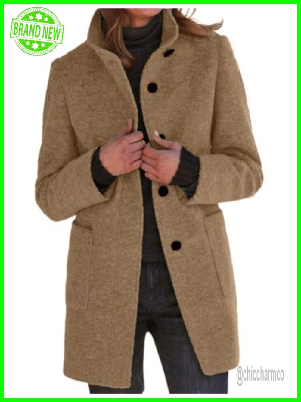 Wool Blend Pea Coat Stand Collar Single Breast Thicken Blazer Winter Long